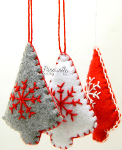 Set of 3 Christmas Tree Ornament, Felt Christmas Ornament, Christmas Snowflake, Grey Christmas Tree, White Christmas Tree