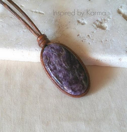 Russian Charoite and Leather Boho Necklace