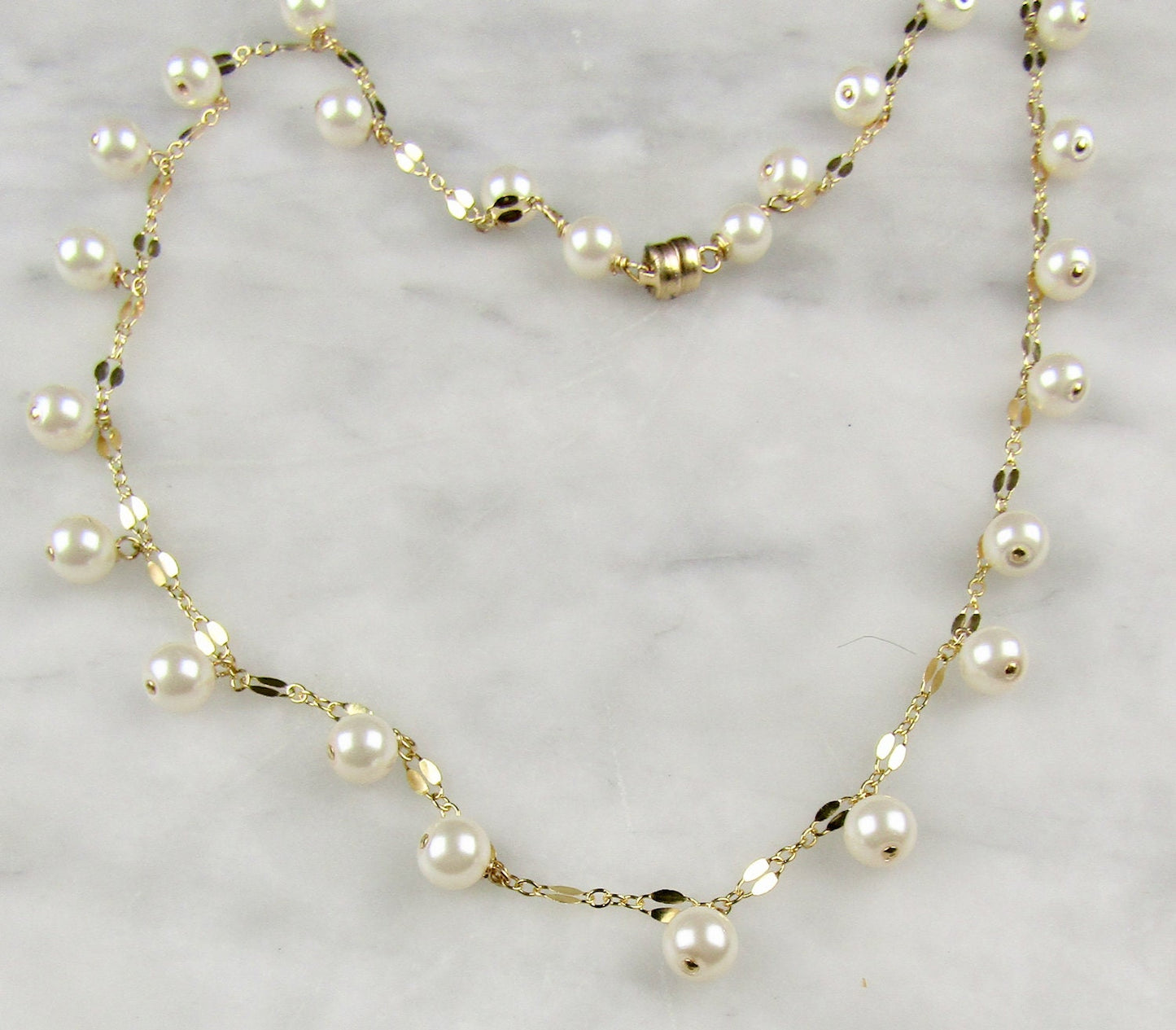 Dainty Pearl Necklace in Gold with Your choice of Length, and a 14k gf Magnetic Clasp, the perfect gift for her