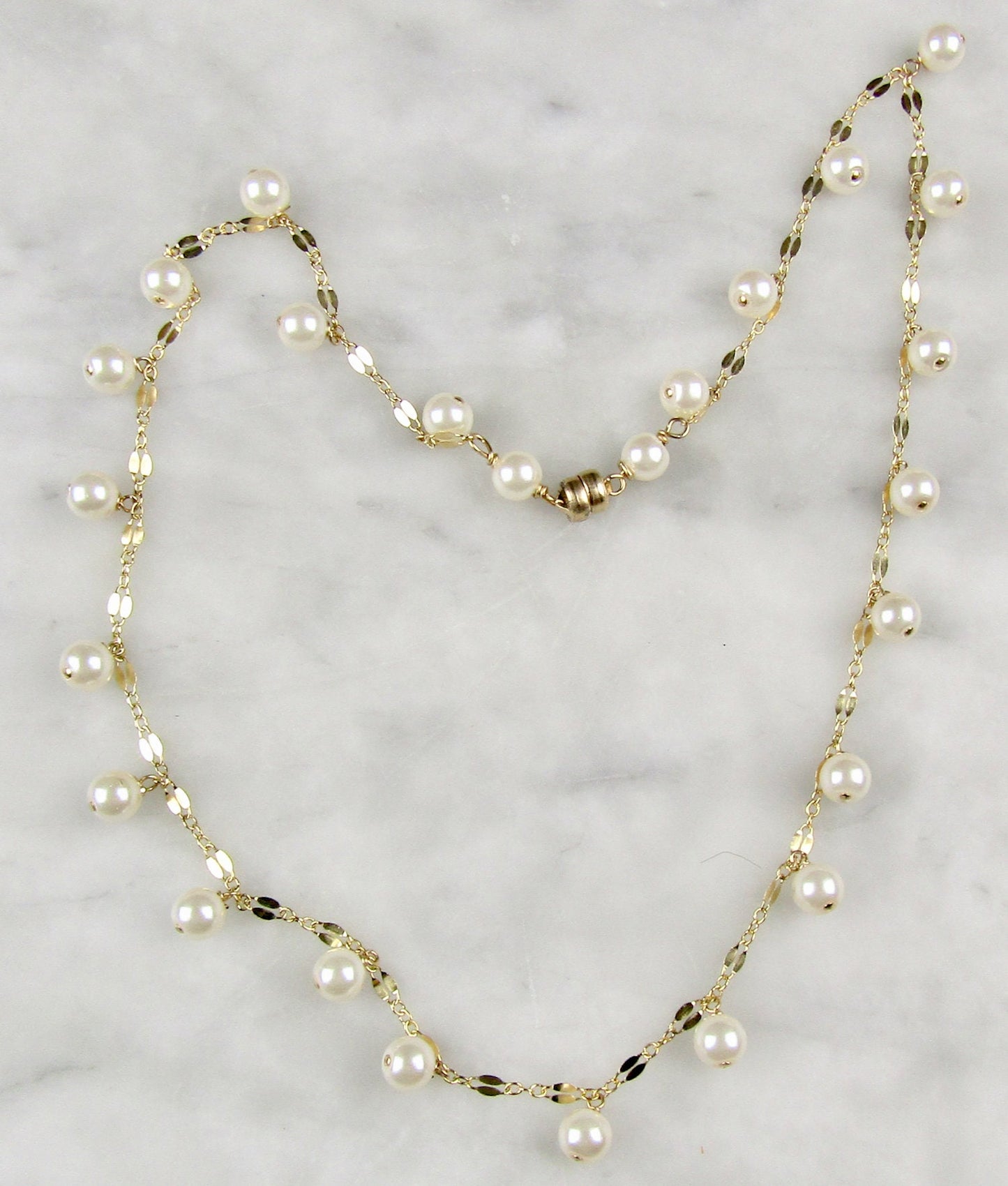 Dainty Pearl Necklace in Gold with Your choice of Length, and a 14k gf Magnetic Clasp, the perfect gift for her