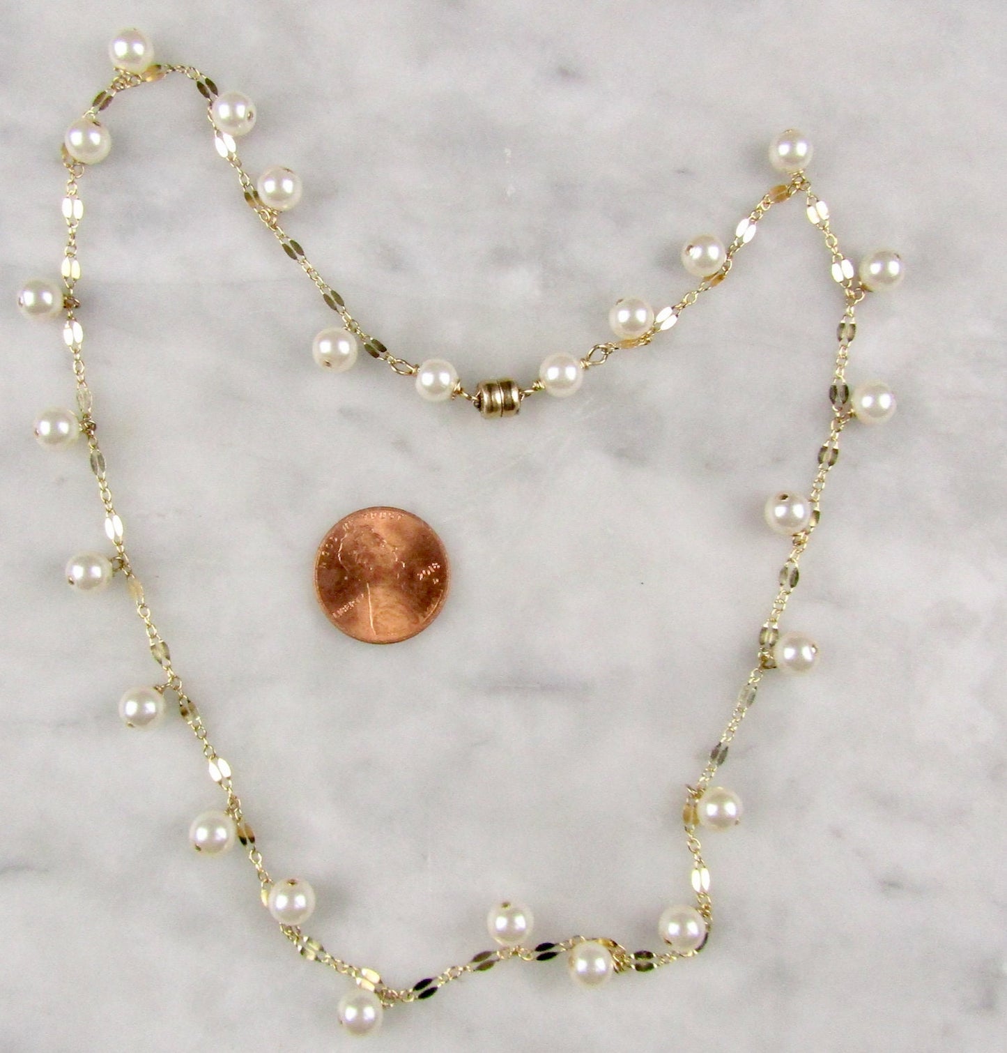 Dainty Pearl Necklace in Gold with Your choice of Length, and a 14k gf Magnetic Clasp, the perfect gift for her