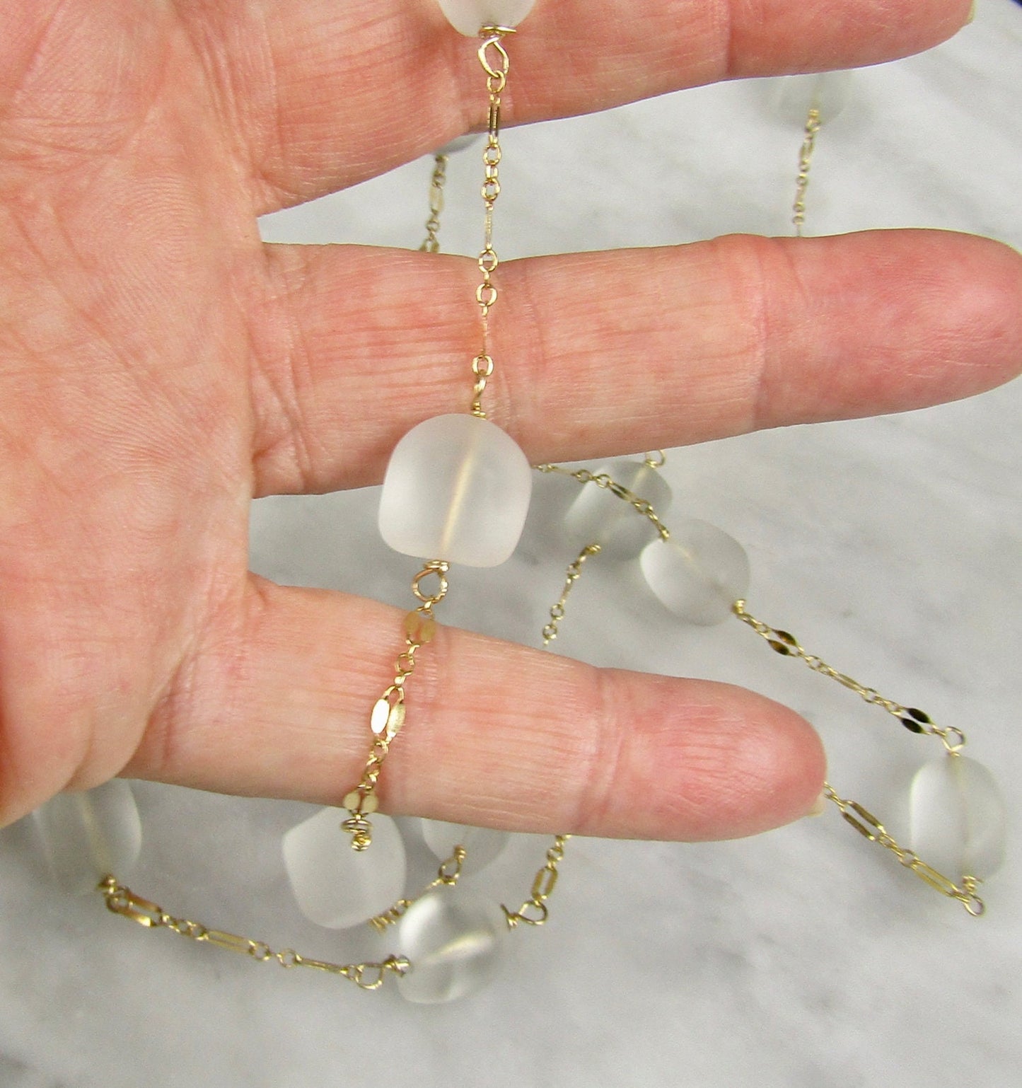 Sea Glass and Gold Necklace 44 inches long, wear it long or double it, Sea Glass and Gold Chai Necklace, Perfect gift