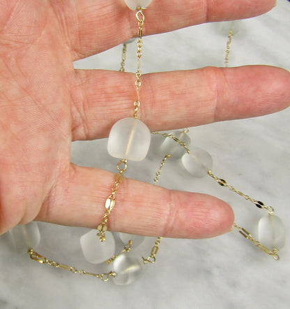Sea Glass and Gold Necklace 44 inches long, wear it long or double it, Sea Glass and Gold Chai Necklace, Perfect gift