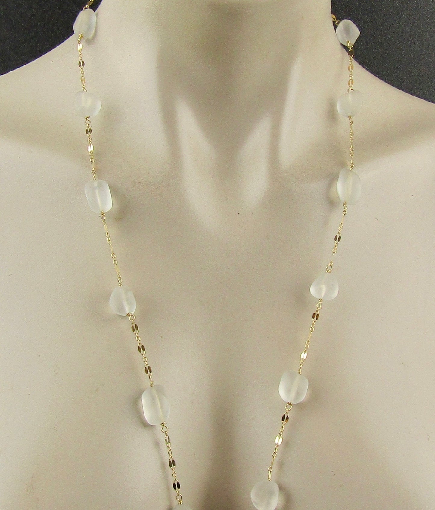 Sea Glass and Gold Necklace 44 inches long, wear it long or double it, Sea Glass and Gold Chai Necklace, Perfect gift