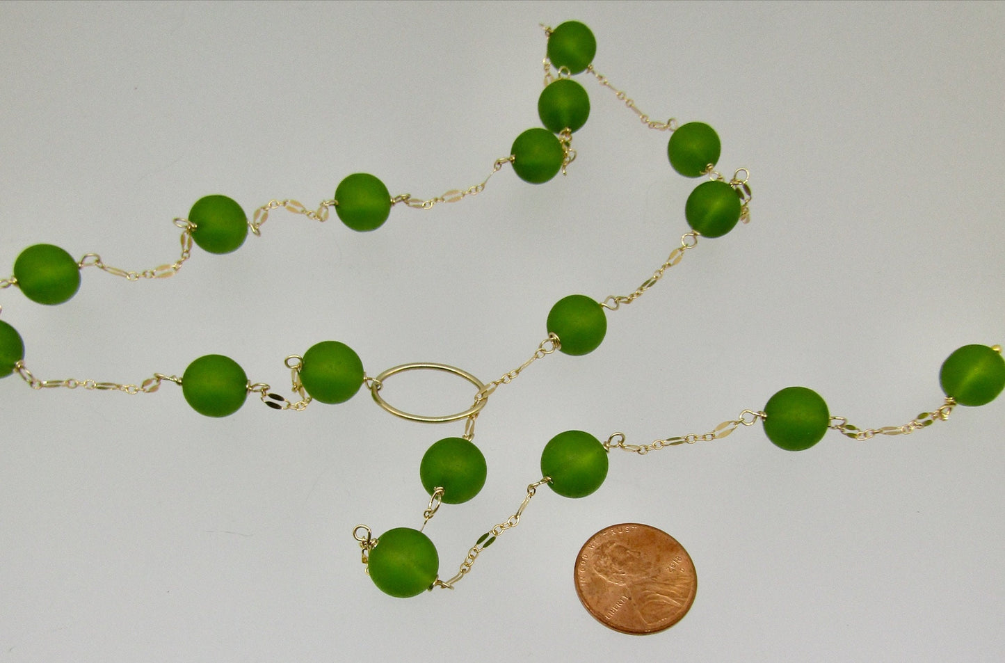 Green Sea Glass Lariat and Gold Chain, choose your length, this necklace works with any neckline, the perfect gift for her