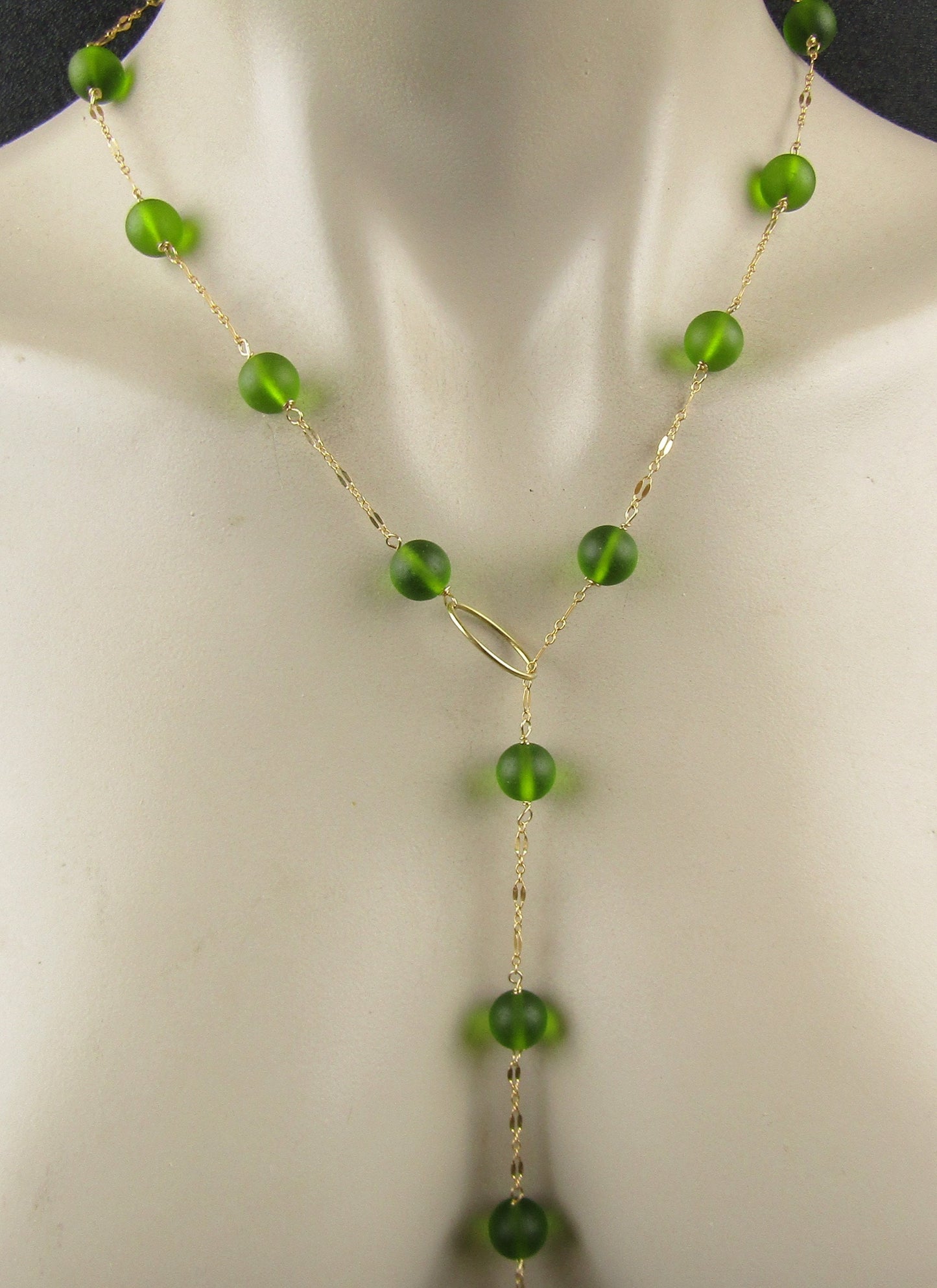 Green Sea Glass Lariat and Gold Chain, choose your length, this necklace works with any neckline, the perfect gift for her
