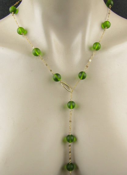 Green Sea Glass Lariat and Gold Chain, choose your length, this necklace works with any neckline, the perfect gift for her
