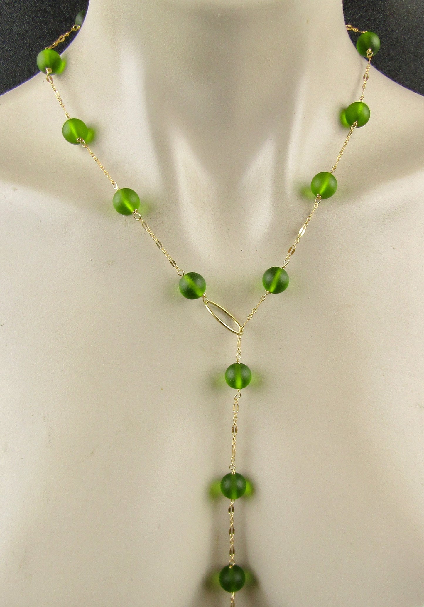 Green Sea Glass Lariat and Gold Chain, choose your length, this necklace works with any neckline, the perfect gift for her