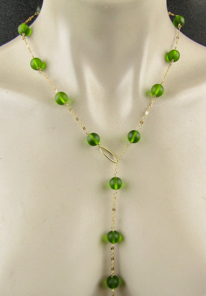 Green Sea Glass Lariat and Gold Chain, choose your length, this necklace works with any neckline, the perfect gift for her