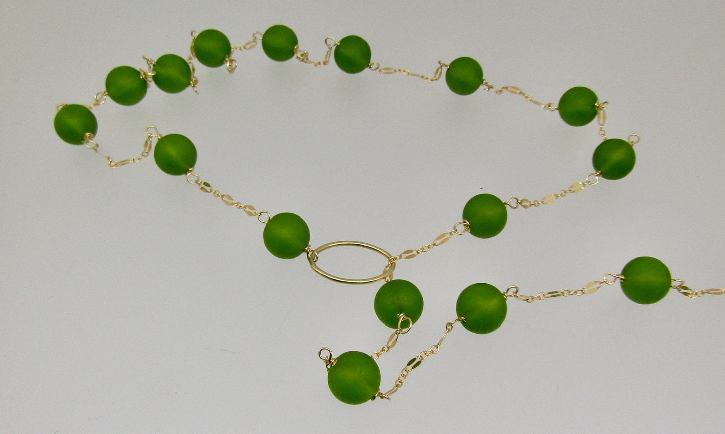 Green Sea Glass Lariat and Gold Chain, choose your length, this necklace works with any neckline, the perfect gift for her