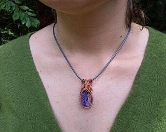 Statement Necklace, Charoite, Copper Wire Wrapped Necklace, Birthday Gifts, Witch Jewelry