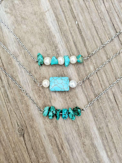 Turquoise & Pearl Nugget Bar Necklace - Country Western Style