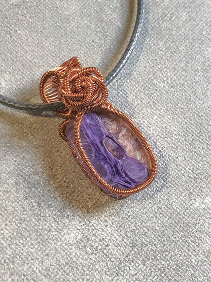 Statement Necklace, Charoite, Copper Wire Wrapped Necklace, Birthday Gifts, Witch Jewelry