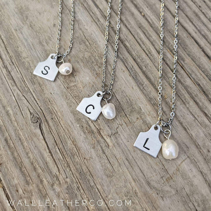 Initial Cattle Ear Tag Necklace - Pearl - Customized and Personalized - Country Western Style