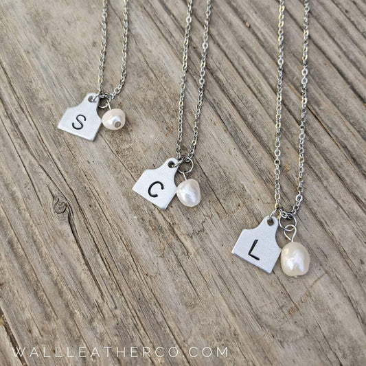 Initial Cattle Ear Tag Necklace - Pearl - Customized and Personalized - Country Western Style