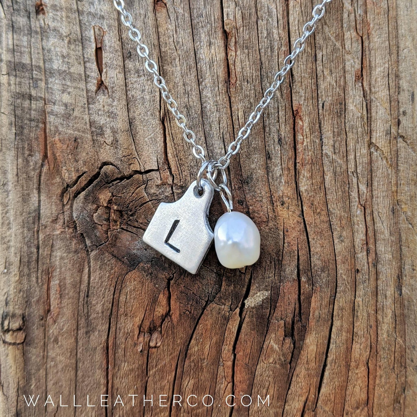 Initial Cattle Ear Tag Necklace - Pearl - Customized and Personalized - Country Western Style