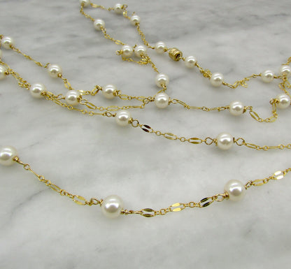 Long 50'' pearl necklace, Pearls and Gold Necklace, Long Adjustable Necklace with a Magnetic clasp