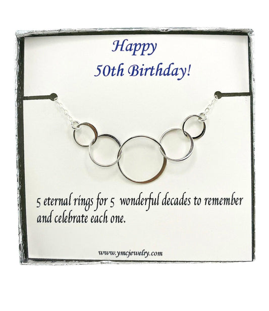50th Gift for Women,50th Birthday Gift,Five circles for 50th Birthday,Fifty and Fabulous Gift Ideas,Interlocking circle necklace,