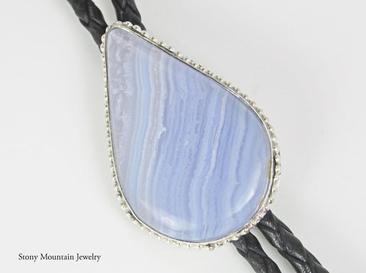Blue Lace Agate Bolo Tie, Handmade Bolo Tie for Men or Women, Sterling Silver Bolo Tie, Wedding Bolo Tie, Unique Western Bolo Tie