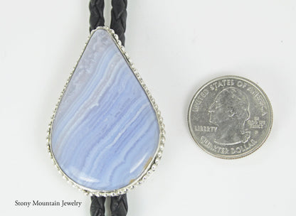 Blue Lace Agate Bolo Tie, Handmade Bolo Tie for Men or Women, Sterling Silver Bolo Tie, Wedding Bolo Tie, Unique Western Bolo Tie