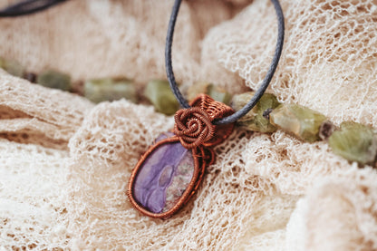 Statement Necklace, Charoite, Copper Wire Wrapped Necklace, Birthday Gifts, Witch Jewelry