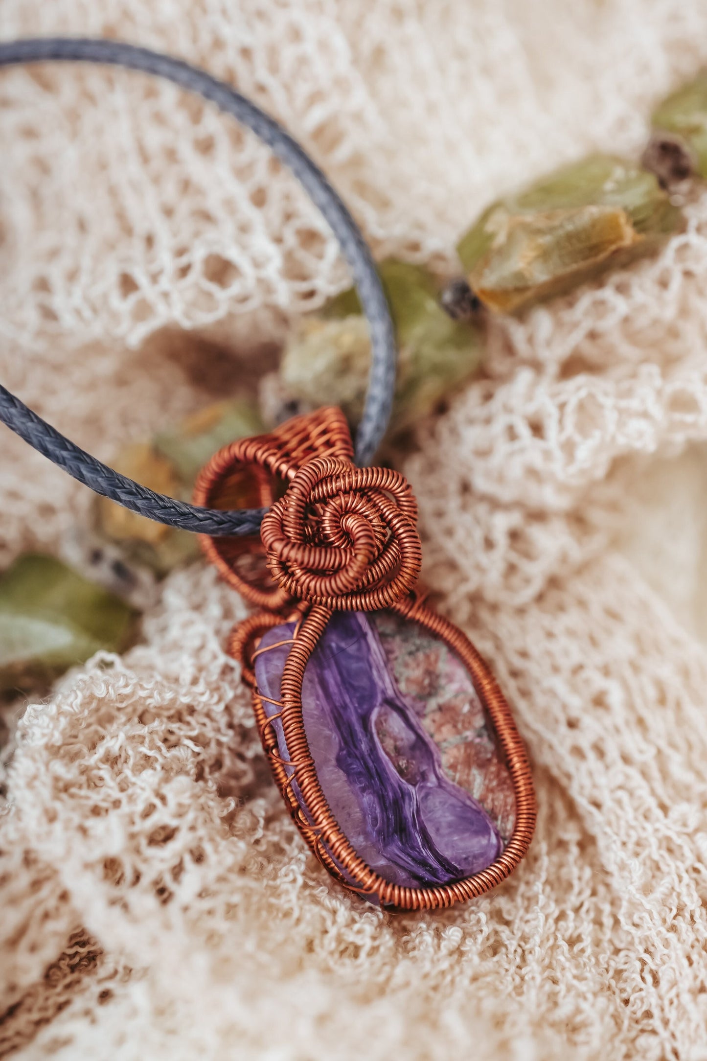 Statement Necklace, Charoite, Copper Wire Wrapped Necklace, Birthday Gifts, Witch Jewelry