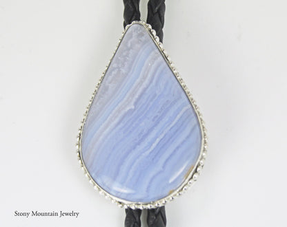Blue Lace Agate Bolo Tie, Handmade Bolo Tie for Men or Women, Sterling Silver Bolo Tie, Wedding Bolo Tie, Unique Western Bolo Tie