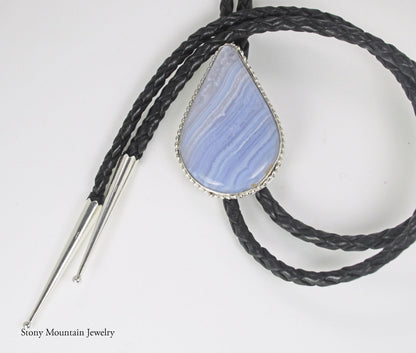 Blue Lace Agate Bolo Tie, Handmade Bolo Tie for Men or Women, Sterling Silver Bolo Tie, Wedding Bolo Tie, Unique Western Bolo Tie