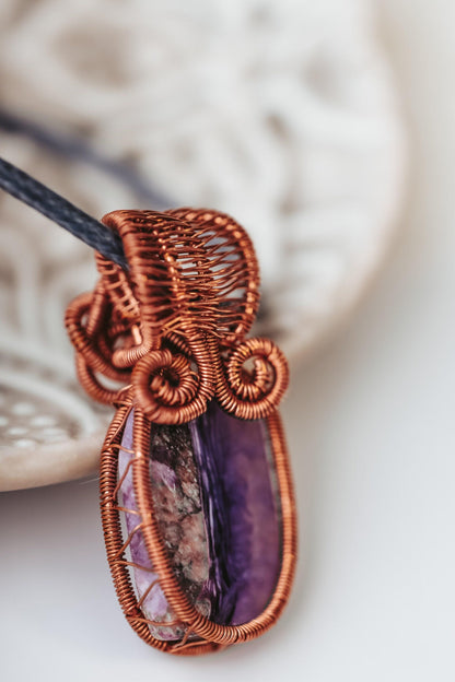 Statement Necklace, Charoite, Copper Wire Wrapped Necklace, Birthday Gifts, Witch Jewelry