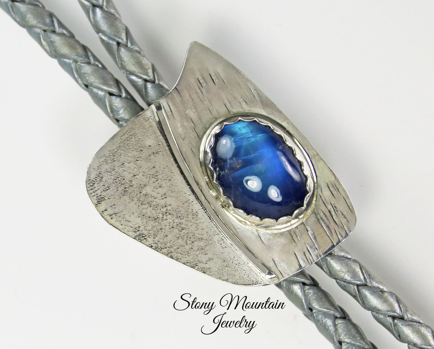 Fancy Designer Bolo Tie Small Modern Sterling Silver Moonstone Bolo Tie, One of a Kind Unique Sculptural Wedding Bolo Tie for Women or Men