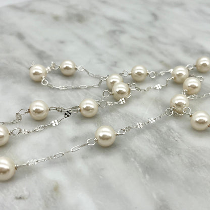 Long sterling silver and pearl necklace, 45 inches long with a silver magnetic clasp, the perfect gift for her