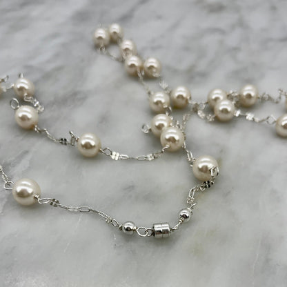 Long sterling silver and pearl necklace, 45 inches long with a silver magnetic clasp, the perfect gift for her