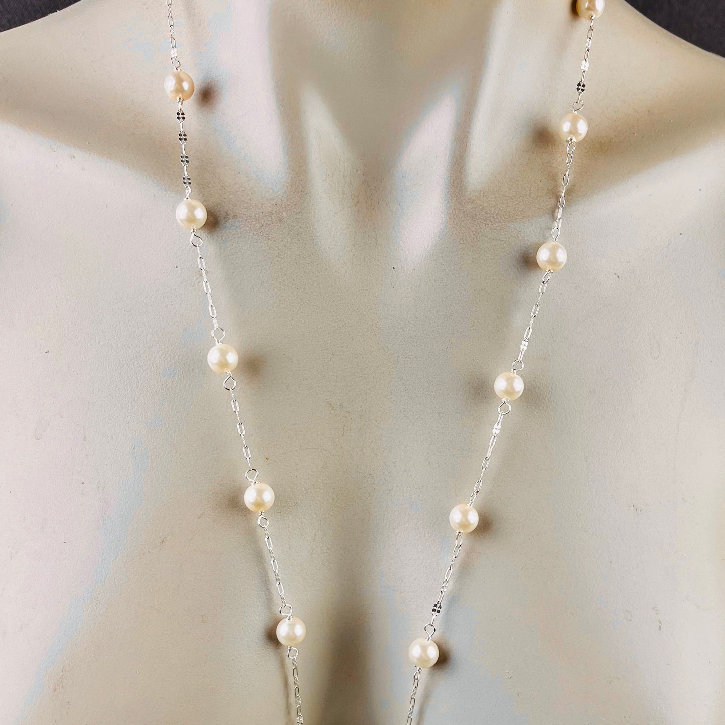 Long sterling silver and pearl necklace, 45 inches long with a silver magnetic clasp, the perfect gift for her