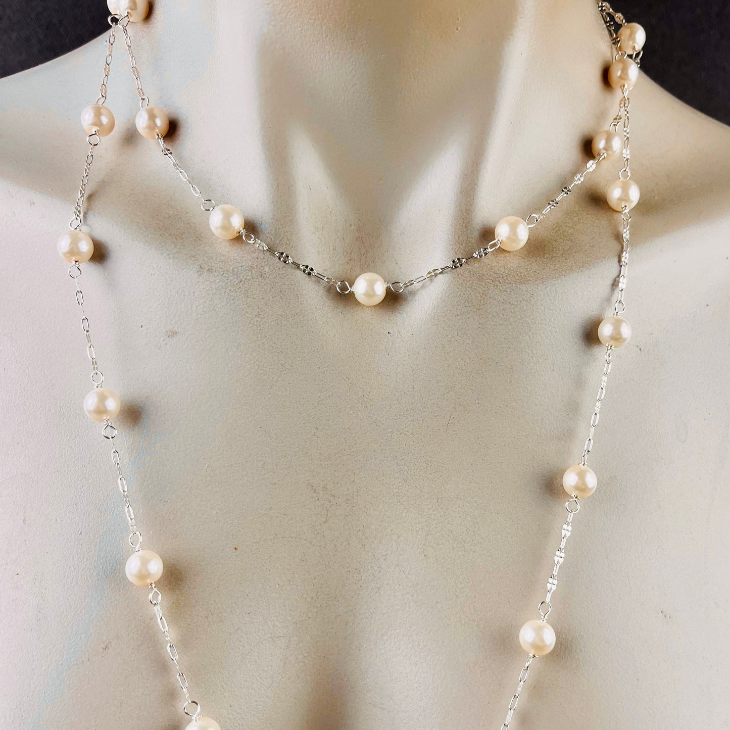 Long sterling silver and pearl necklace, 45 inches long with a silver magnetic clasp, the perfect gift for her