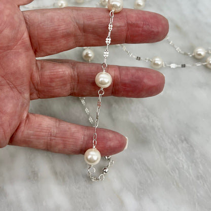 Long sterling silver and pearl necklace, 45 inches long with a silver magnetic clasp, the perfect gift for her