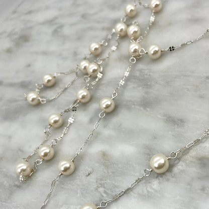 Long sterling silver and pearl necklace, 45 inches long with a silver magnetic clasp, the perfect gift for her