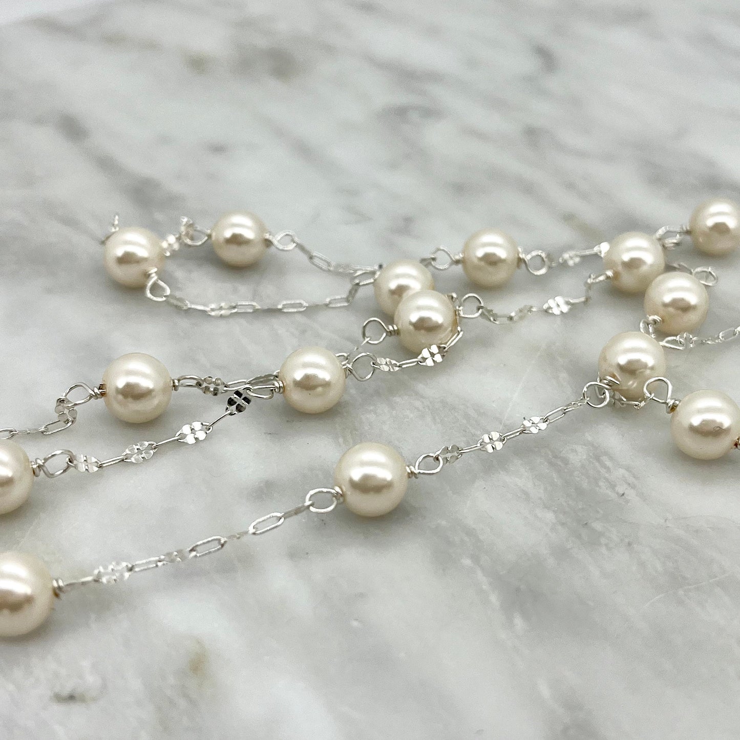 Long sterling silver and pearl necklace, 45 inches long with a silver magnetic clasp, the perfect gift for her