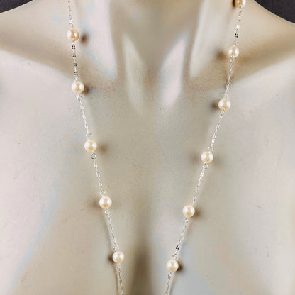 Long sterling silver and pearl necklace, 45 inches long with a silver magnetic clasp, the perfect gift for her