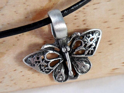 Butterfly Necklace, Pewter Butterfly Pendant, Leather Cord Necklace, Butterfly Jewelry, Girls Necklace, Lacy Butterfly, Statement Necklace