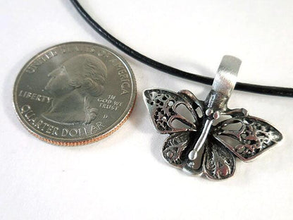 Butterfly Necklace, Pewter Butterfly Pendant, Leather Cord Necklace, Butterfly Jewelry, Girls Necklace, Lacy Butterfly, Statement Necklace