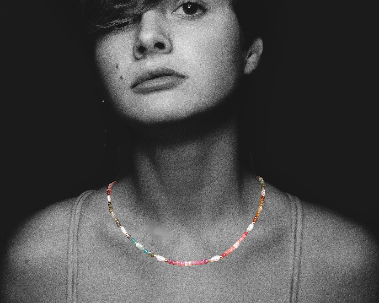 Gemstones and pearl beaded necklace, princess length