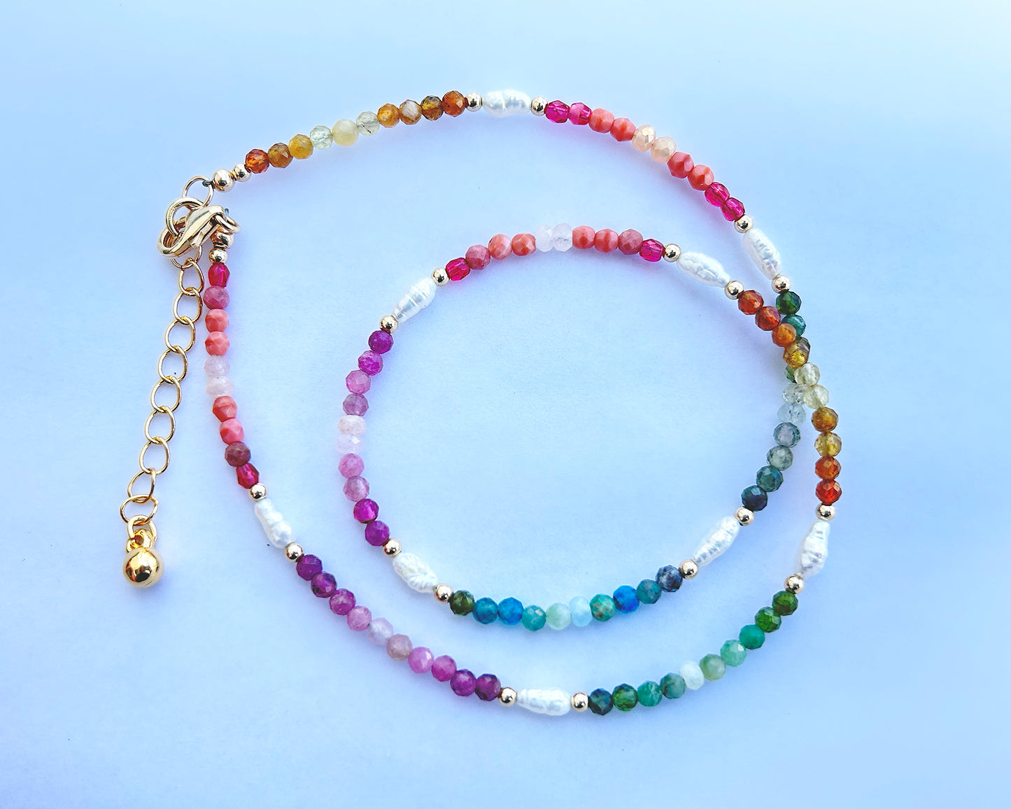 Gemstones and pearl beaded necklace, princess length