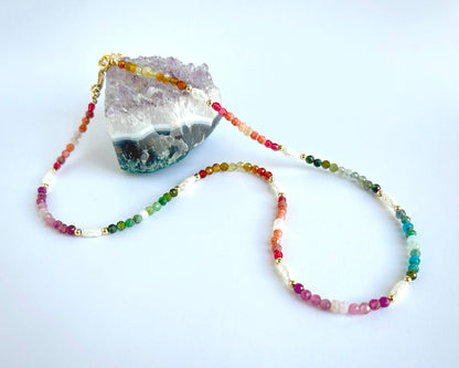 Gemstones and pearl beaded necklace, princess length