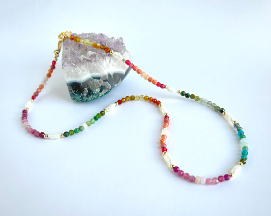 Gemstones and pearl beaded necklace, princess length