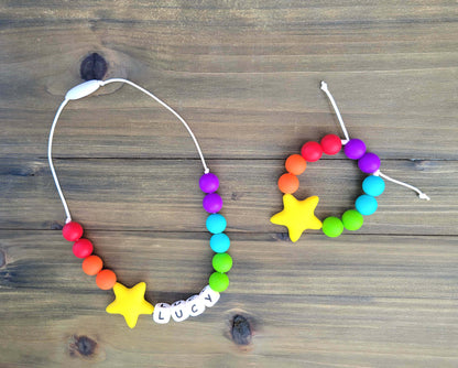 Kids Personalized Name Rainbow Star Necklace made from Silicone Beads