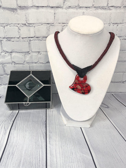 Red Heart Pendant Necklace, Beaded Necklace, Nickel Free, 21 Inch