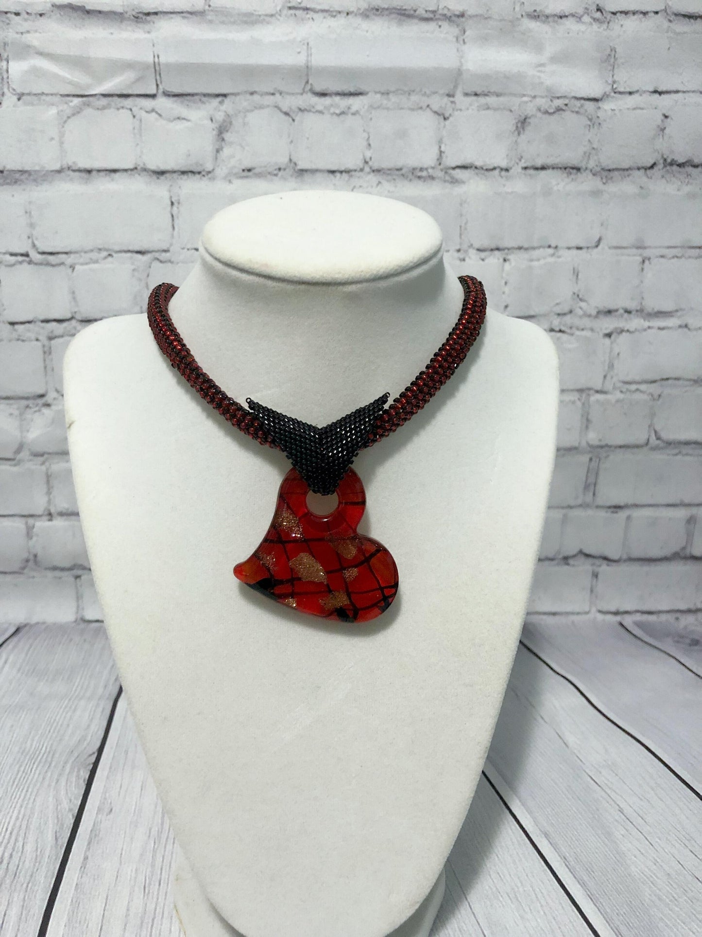Red Heart Pendant Necklace, Beaded Necklace, Nickel Free, 21 Inch