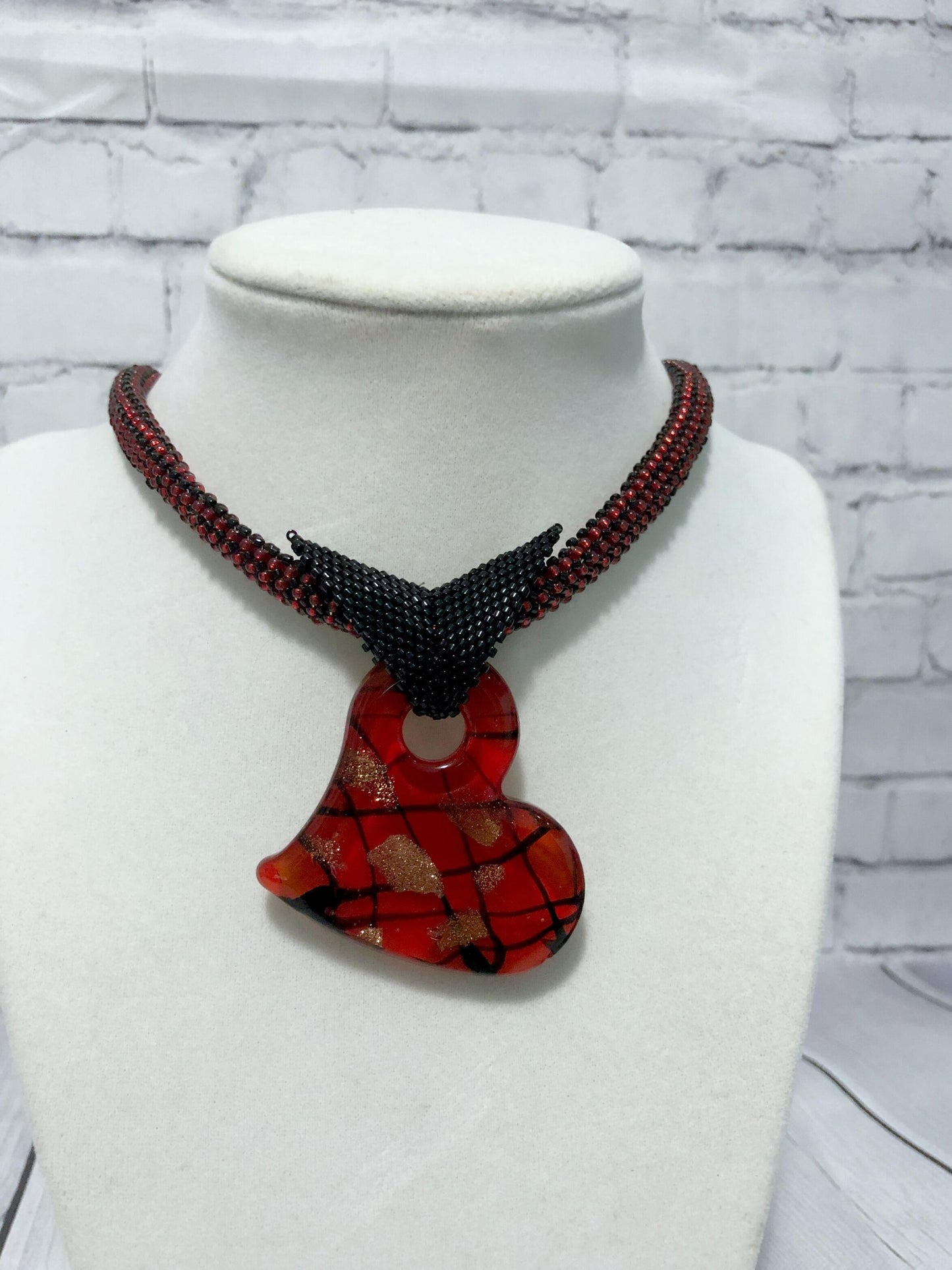 Red Heart Pendant Necklace, Beaded Necklace, Nickel Free, 21 Inch