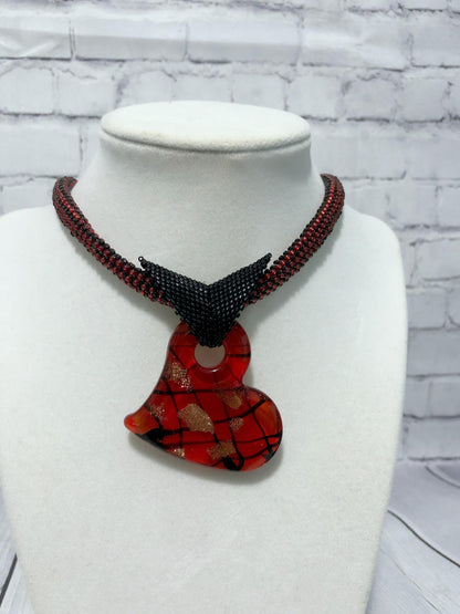 Red Heart Pendant Necklace, Beaded Necklace, Nickel Free, 21 Inch