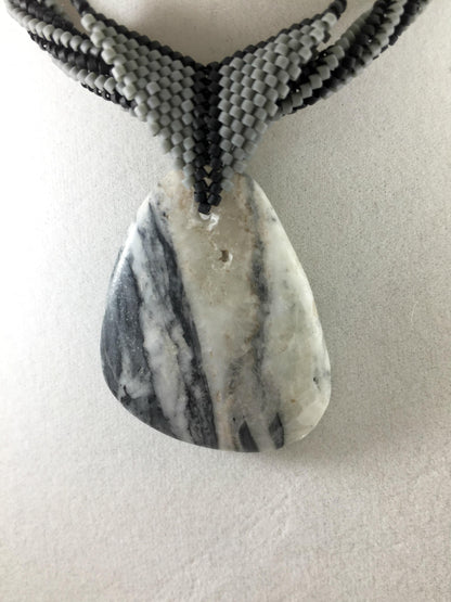 Beaded Necklace with White Marble Pendant, Herringbone Stitch, 19 Inch